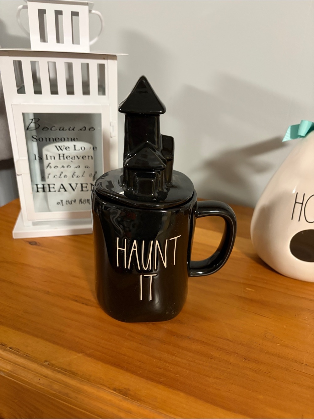 Rae Dunn Black "Haunt It" Halloween Mug with House Lid